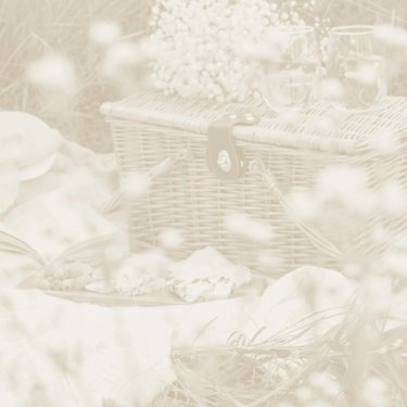 A picnic setup with a wicker basket, a blanket, and soft-focus flowers in the foreground - Wren's Hollow website